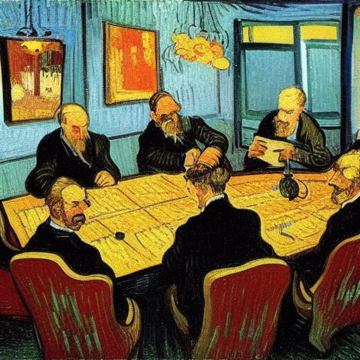 A Van Gogh stylized group making a decision around a company board room table.